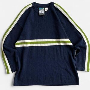 Vintage Takeout Navy Blue White Green Striped Acrylic Wool Blend Sweater S